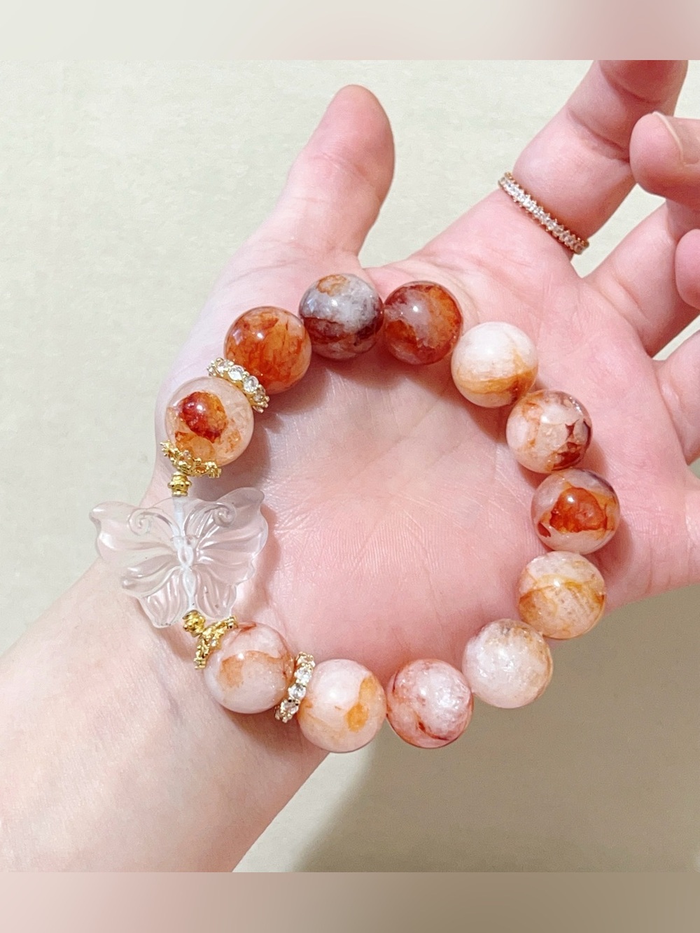 Handmade Natural Red Garden Quartz Bracelet & ClearQuartz Butterfly 14-15mm